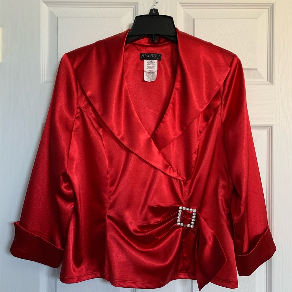 Red Satin Blouse with Rhinestone Buckle